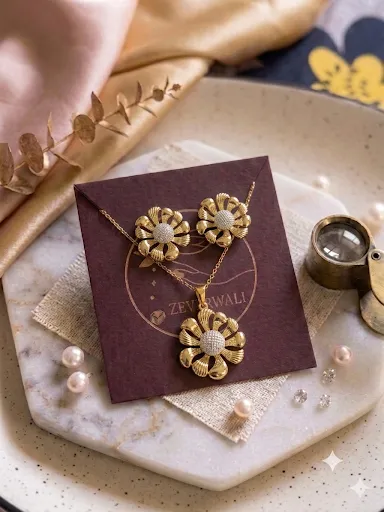 Zircon Stone Gold Floral Set